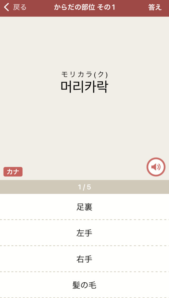 韓国語単語トレーニングの画面